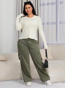 SHEIN EZwear 大碼生菜飾邊鈕扣開衫 - 米色 - 查看 4