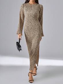 SHEIN Privé In hoa Ditsy Tay áo loe Tách đùi Đầm - Nhiều màu - Xem 4