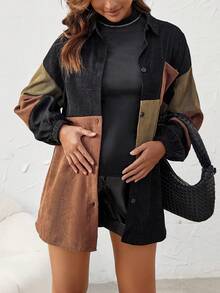 SHEIN Maternity Color Block Drop Shoulder Corduroy Coat - Black - View 3