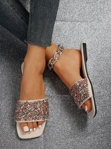 新款時尚女性平底穆勒鞋鞋,大尺寸性感拖鞋 - 金色 - 查看 2