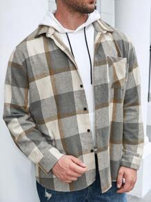 Manfinity Homme Loose Fit Men's Plus Size Plaid Printed Overcoat With Pocket, No Hood - Multicolor - View 1