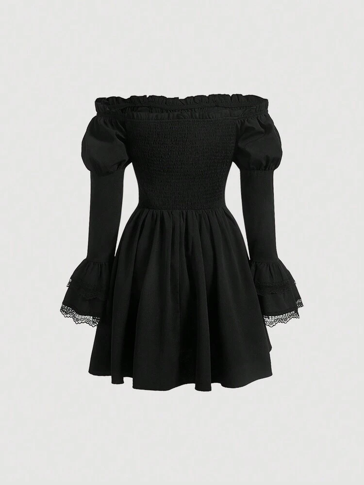 Off Shoulder Lace Up Front Flare Sleeve Dress