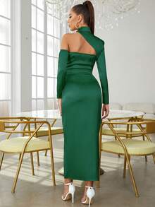 Asymmetrical Neck Split Thigh Satin Dress - Green - View 2