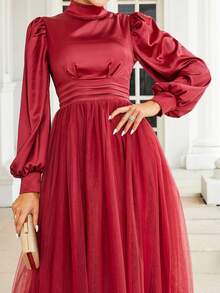 Missord Zabudowany dekolt Rękaw latarnia Sukienka z siateczki - Burgund - Zobacz 7