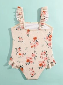 Toddler Girls Floral Print Ruffle Trim One Piece Swimsuit - Baby Pink - View 2