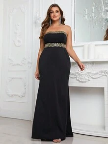 YISIKADO Plus Contrast Sequin Formal Dress With Cape - Black - View 3