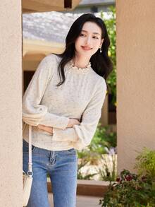 休閒褶皺邊純色女士T恤