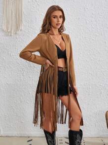 SHEIN VCAY Open Front Fringe Hem Coat - Camel - View 6