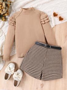 SHEIN Tween Girl Mock Neck Ruffle Trim Tee & Houndstooth Print Shorts - Multicolor - View 4