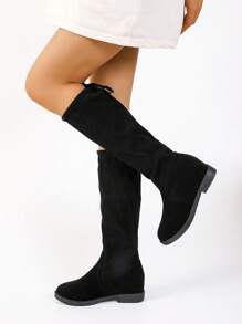 Elegant Tall Boots, New Spring/Autumn Round Toe High Shaft Boots, Thick Leg Slimming Mid-Calf Boots, Flat Non-Over Knee - Black - View 5