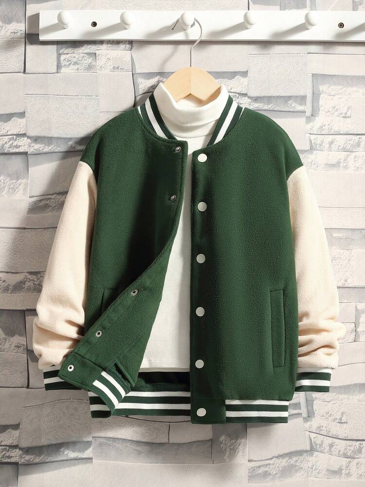 Tween Boy Letter & Figure Graphic Two Tone Drop Shoulder Varsity Jacket Without Tee