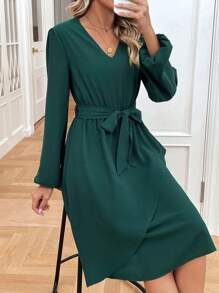 Chiquease Solid Wrap Hem Belted Dress