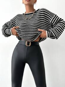 EURMUSE Striped Pattern Drop Shoulder Sweater - Black and White - View 3