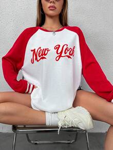 SHEIN Unity Sudadera con estampado de letra de manga raglán de dos tonos - Rojo y blanco - Ver 6