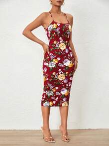 SHEIN Privé 印花露背交叉吊帶洋裝 - 酒紅色 - 查看 4