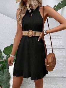 SHEIN VCAY 素色後鎖孔掛脖洋裝 - 黑色 - 查看 4