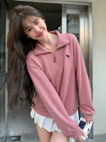 DAZY Embroidery Drop Shoulder Polo Neck Sweatshirt,Long Sleeve Tops,Fall Clothes - Pink - View 5
