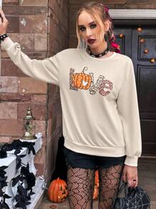 PUNK Sweat-shirt Lettre Et Imprimé Citrouille Épaule tombante