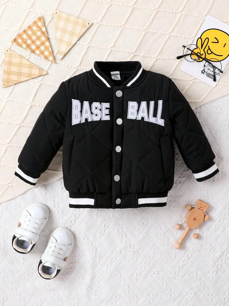 Baby Girl Letter Graphic Striped Trim Quilted Varsity Jacket Without Tee