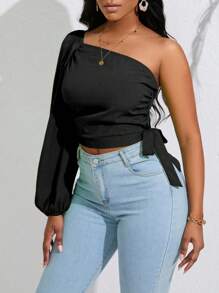 VaVaBold Tay áo lồng đèn một vai Nút ven Áo sơ mi Crop - màu đen - Xem 3