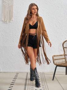 SHEIN VCAY Open Front Fringe Hem Coat - Camel - View 3