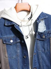 Manfinity Homme 男士鬆身色塊撕裂牛仔夾克,帶有插口口袋（無帽） - 中等水洗藍 - 查看 4