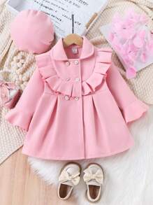SHEIN Young Girl Ruffle Trim Double Breasted Overcoat & Hat - Pink - View 7
