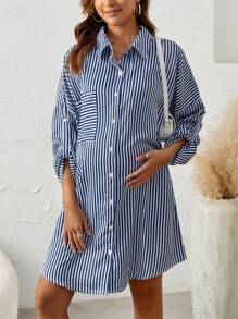 SHEIN 孕婦條紋印花落肩袖襯衫洋裝 - 藍白色 - 查看 7