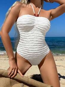 Ruched Halter One Piece Swimsuit - Apricot - View 1