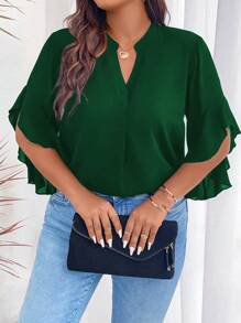 SHEIN Clasi Plus Notched Neckline Flare Sleeve Blouse - Dark Green - View 1