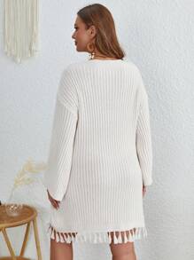 SHEIN VCAY Plus Button Detail Tassel Hem Drop Shoulder Sweater Dress - Beige - View 2