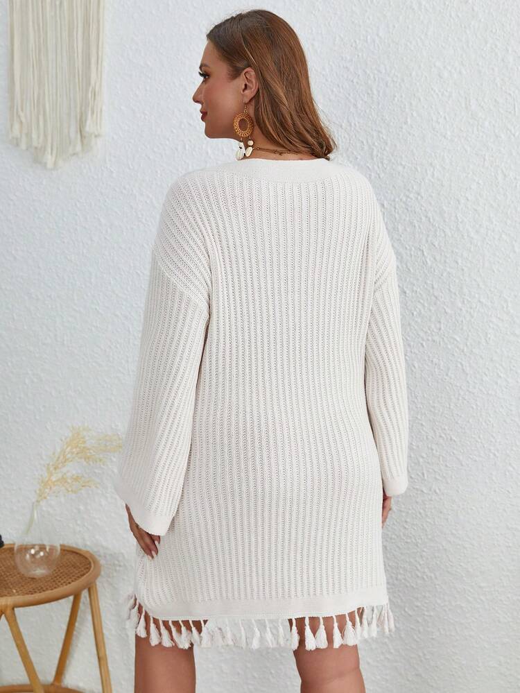 Plus Button Detail Tassel Hem Drop Shoulder Sweater Dress
