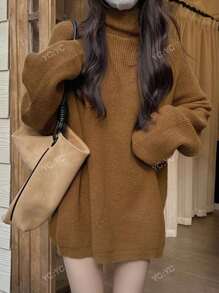 Solid High Neck Drop Shoulder Oversized Sweater
