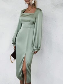 SHEIN Clasi 方領燈籠袖高衩緞面洋裝 - 薄荷綠 - 查看 6