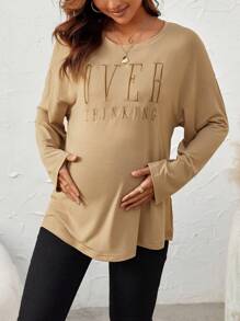SHEIN Maternity Letter Embroidery Drop Shoulder Tee - Mocha Brown - View 2