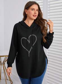 SHEIN LUNE Sudadera con estampado de corazón talla grande, atuendos de graduación, regreso a la escuela, atuendos de maestras para mujeres, regreso a la escuela en invierno, otoño - Negro - Ver 5