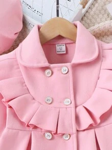 SHEIN Young Girl Ruffle Trim Double Breasted Overcoat & Hat - Pink - View 5