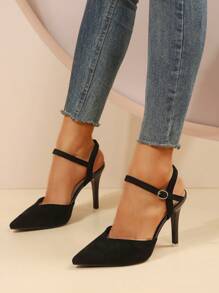 黑色尖头高跟鞋，2024新款欧美性感包头踝带凉鞋，细跟 - 黑色 - 查看 1