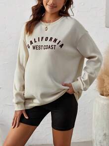 SHEIN Thai sản Đồ họa Chữ cái Thả vai Áo nỉ - Màu Khaki - Xem 3