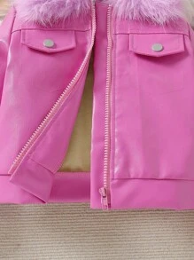 SHEIN Young Girl Fuzzy Trim Flap Detail PU Leather Jacket - Pink - View 6