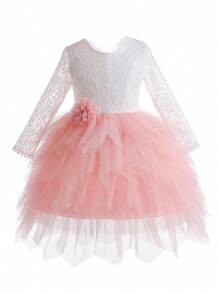 SHEIN Glamorique Kids 女小童蕾絲拼接貼花網紗邊派對禮服 - 粉色 - 查看 3