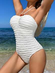Ruched Halter One Piece Swimsuit - Apricot - View 5