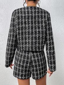 SHEIN Unity Plaid Print Button Front Jacket & Shorts - Black - View 2