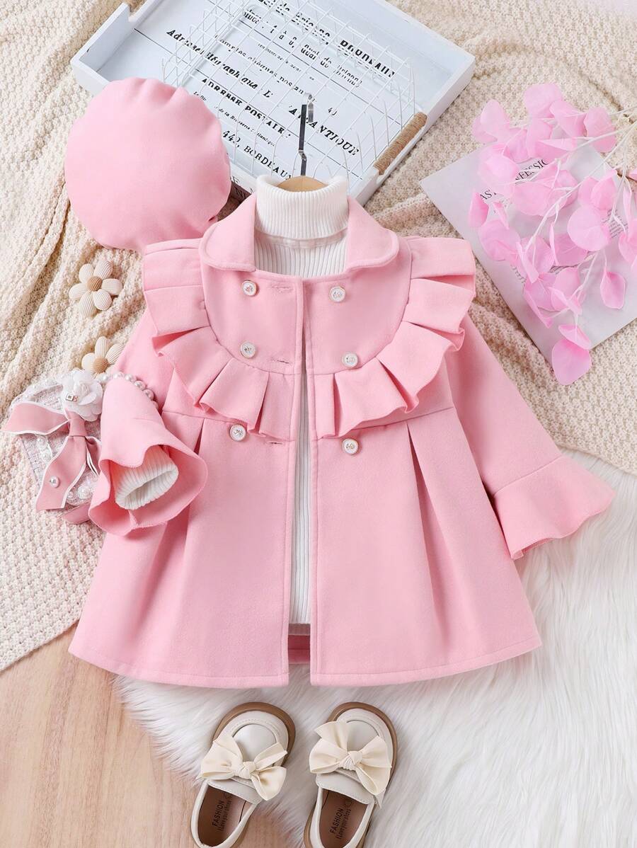 SHEIN Young Girl Ruffle Trim Double Breasted Overcoat & Hat - Pink - View 1