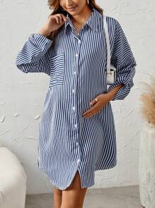 SHEIN 孕婦條紋印花落肩袖襯衫洋裝 - 藍白色 - 查看 2