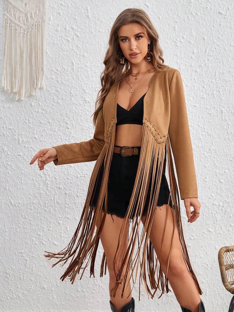 SHEIN VCAY Open Front Fringe Hem Coat - Camel - View 1