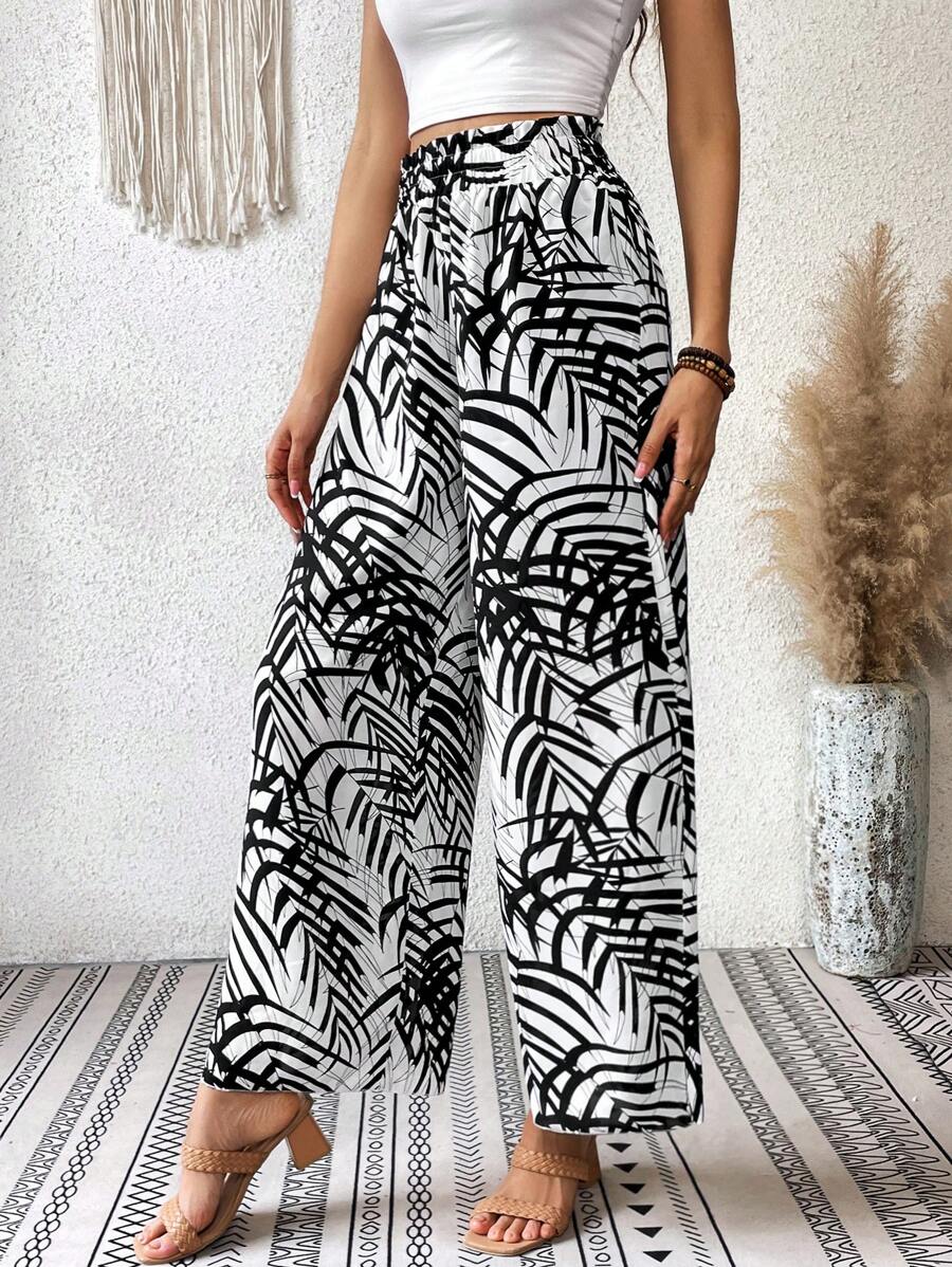 SHEIN VCAY Allover Print Wide Leg Pants - Black and White - View 1