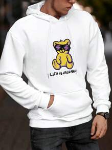 Manfinity Homme Lỏng lẻo Nam Đồ họa Gấu & khẩu hiệu Túi kangaroo Dây rút Hoodie - trắng - Xem 1