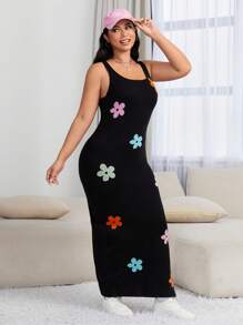 Dreamara 大碼花卉圖案高衩毛衣洋裝 - 黑色 - 查看 3