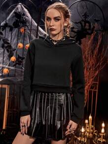 PUNK Skull Print Drop Shoulder Hoodie - Black - View 6